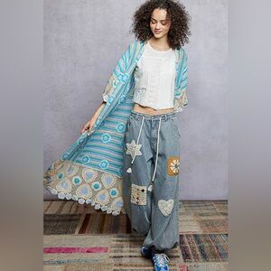 POL Striped and Floral Pattern Crochet Longline Cardigan